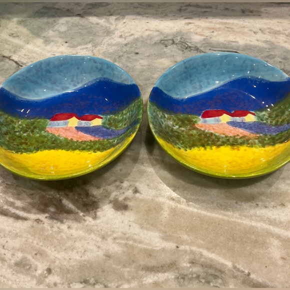 222 Fifth Impressions 9” Pasta Bowls By Gail Wells-Hess Field of Gold Set 2 NWT - Picture 1 of 7